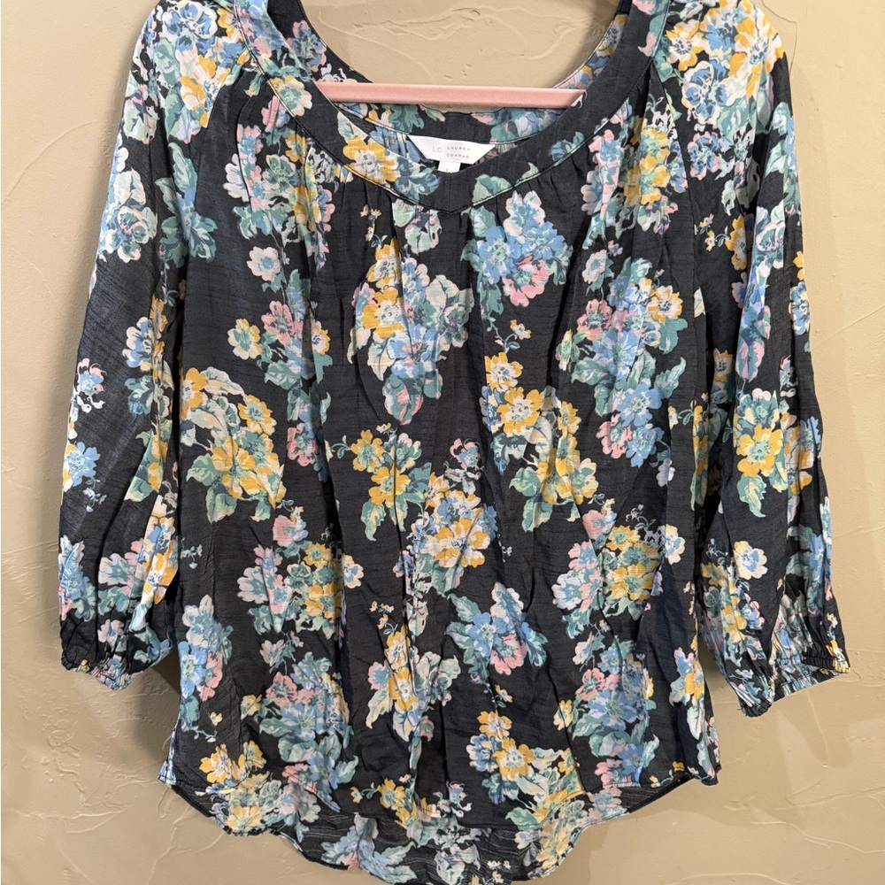 Lauren Conrad Black, Blue & Yellow Floral 3/4 Sleeve Blouse
